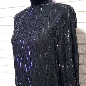 Vtg Riche Houston NY Black Sequined Flapper Hem Dress 80s 90s Sz Med Silk Read